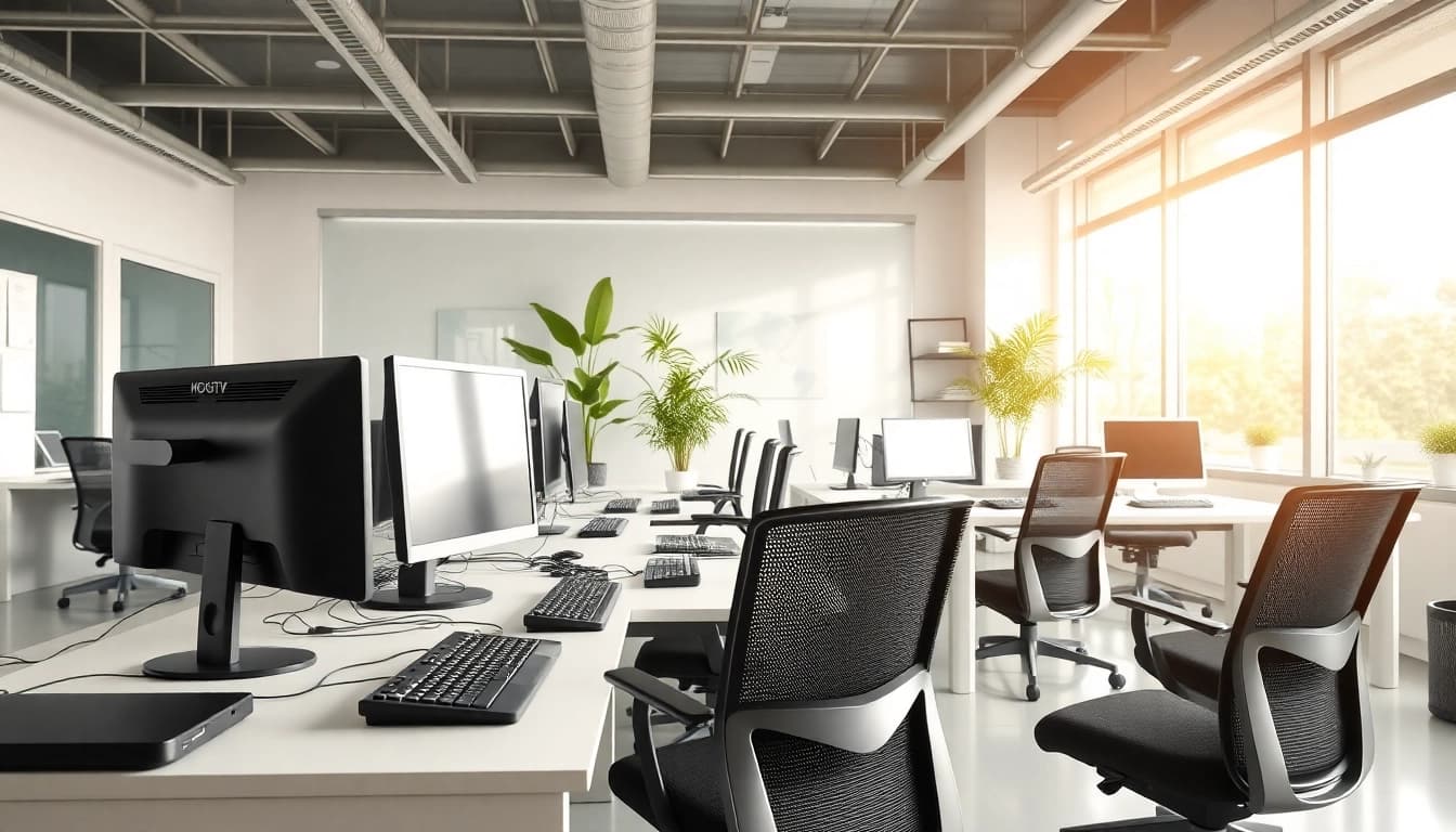 Typing Center with modern workspace and ergonomic furniture enhancing productivity.