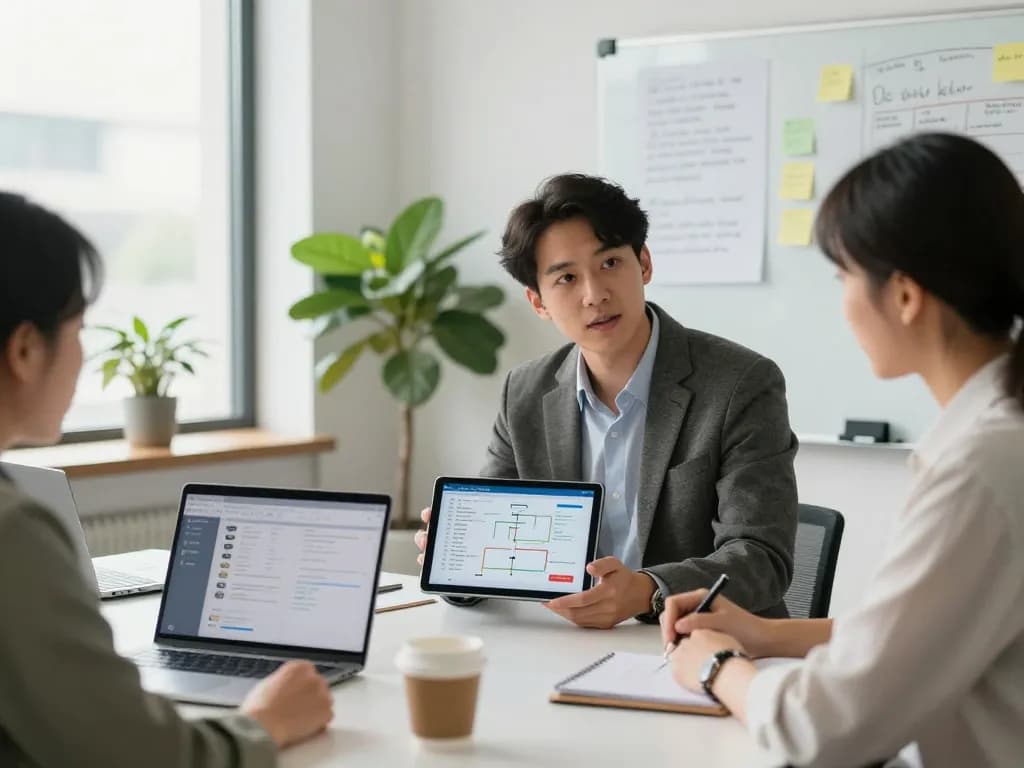 Consultant presenting automation strategies during a professional meeting with a client in a modern office.