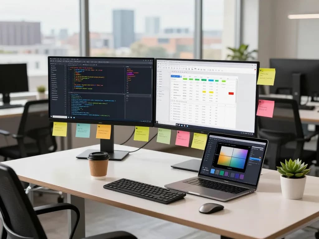 Developer using WPS software in a modern tech workspace with dual monitors.