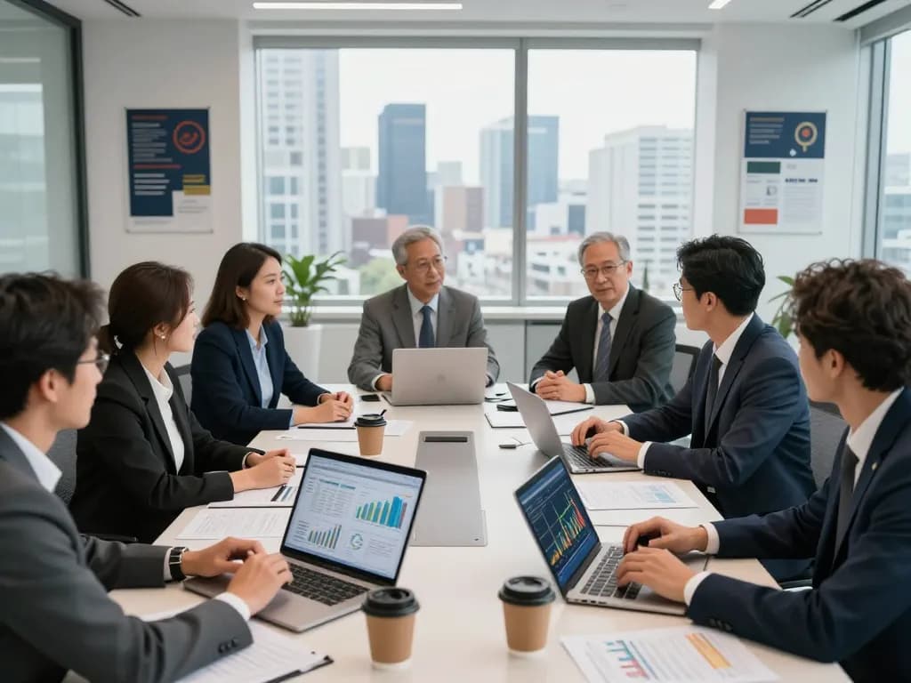 Global investment group professionals collaborating on strategies in a modern office.