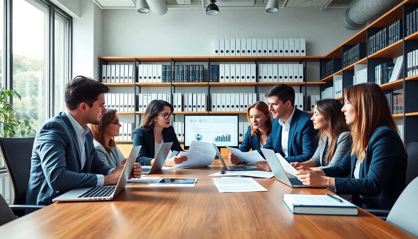 Team engaged in Contract Management discussions in a bright, modern office setting.