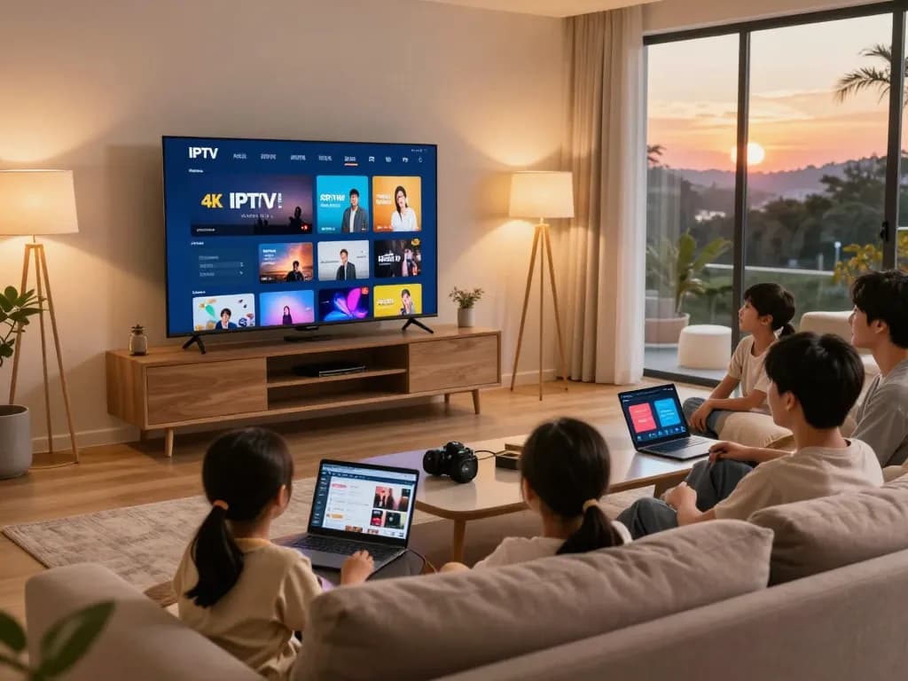 Family enjoying IPTV player windows in a cozy living room with smart TV.