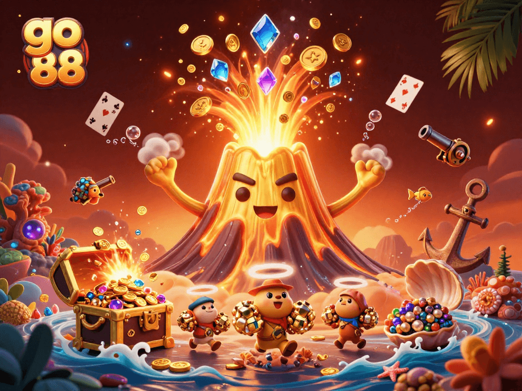 Spin and win with go 88's vibrant treasure-filled volcano scene, featuring animated gold coins and playful animals.