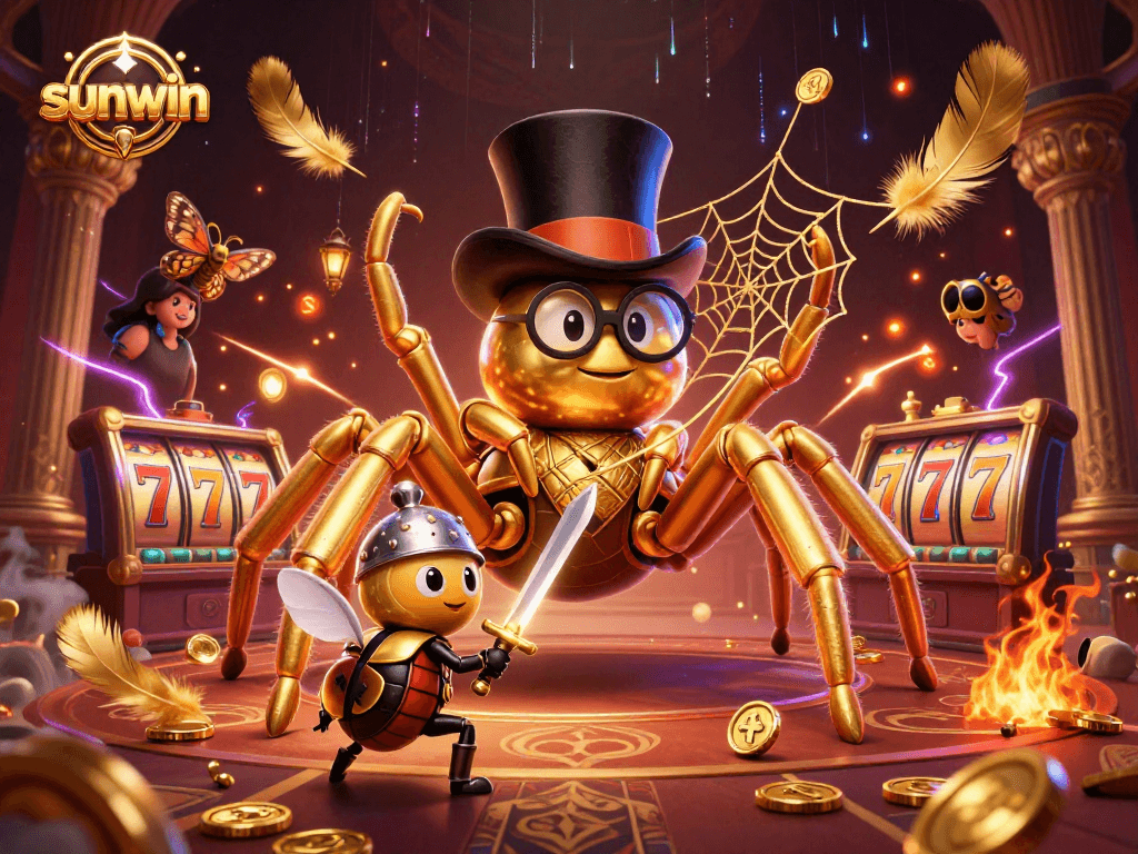 sunwin features an exciting 3D illustration of a golden tarantula and beetle knight in a vibrant casino setting.