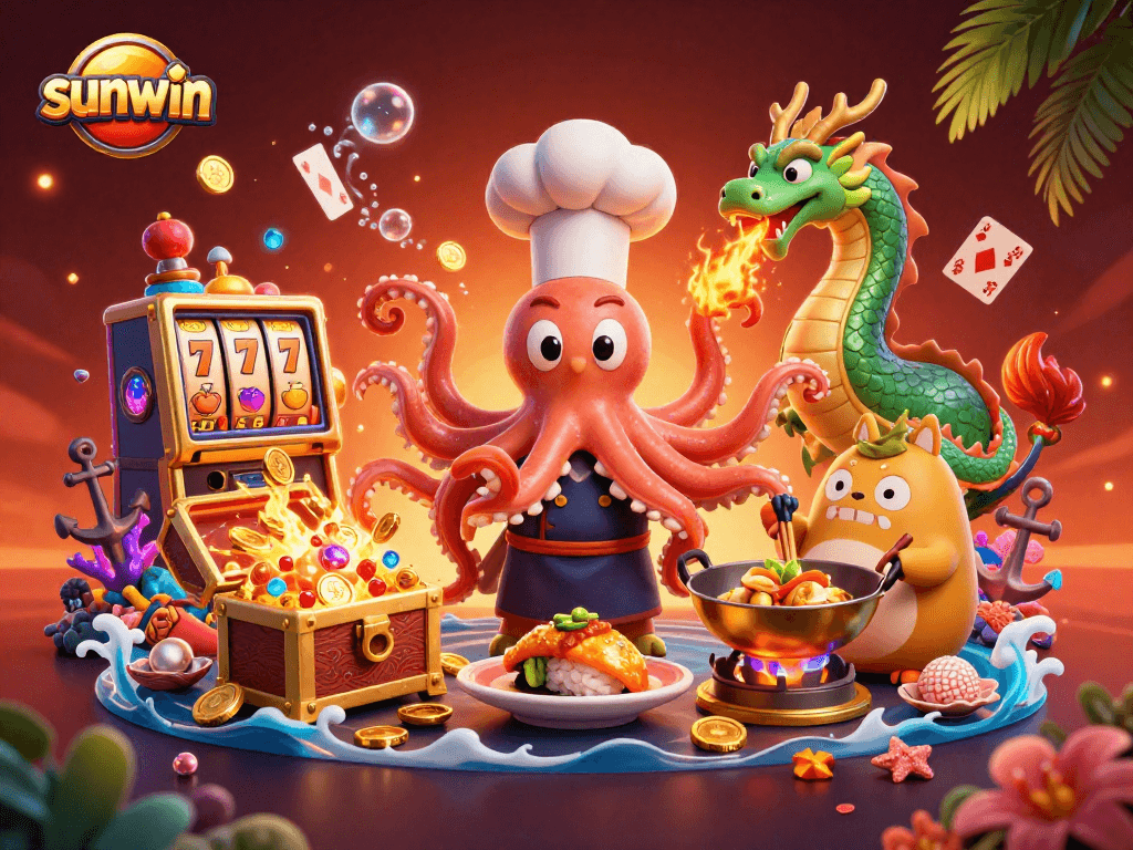 Win big with sunwin at a vibrant casino scene featuring animated 3D characters and dynamic slots.