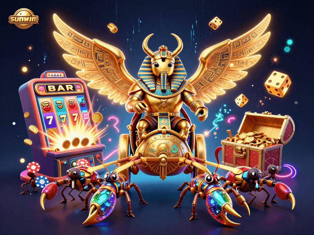 Join the exhilarating slots action with sunwin featuring a vibrant illustrated scene of a golden scarab beetle and scorpions.