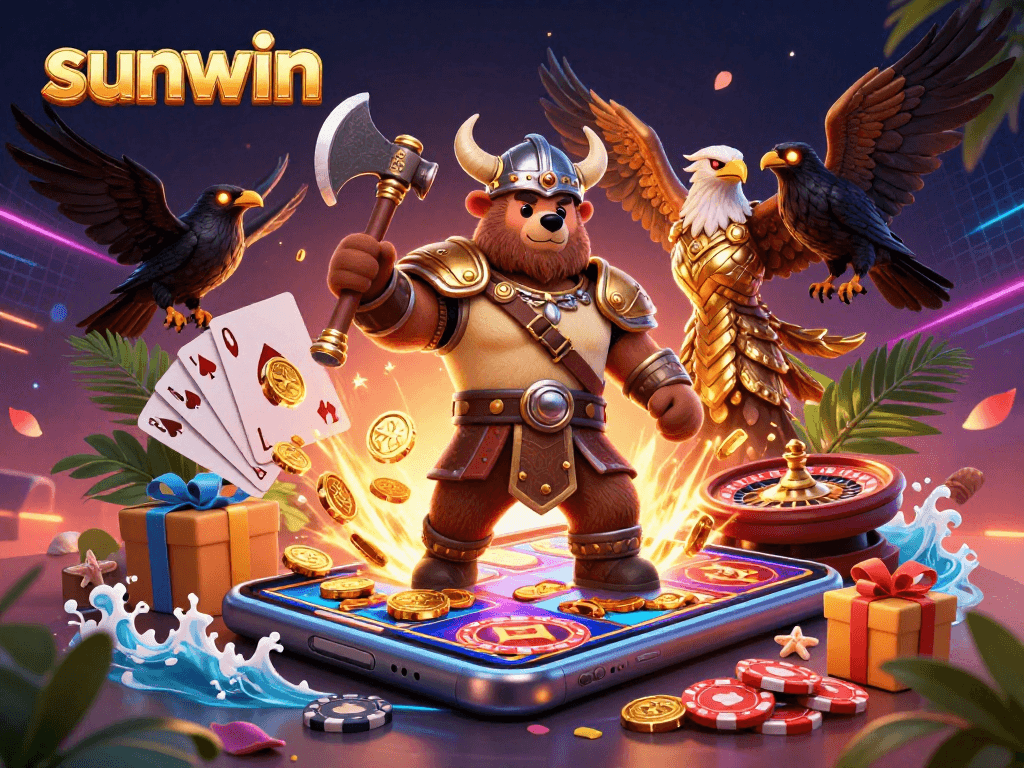 Engage with sunwin's exhilarating slot experience featuring a Viking berserker in vibrant 3D illustration.