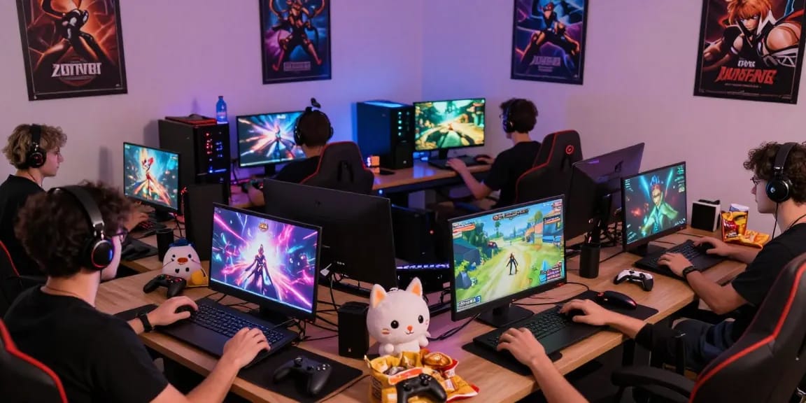 Players engaged in online sex games in a vibrant gaming lounge, showcasing the fun and excitement of adult gaming.
