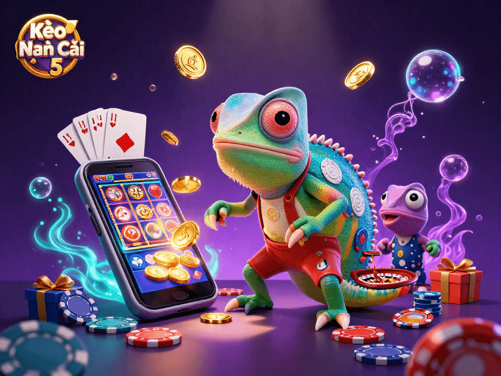 Kèo Nhà Cái 5 showcases a dynamic casino scene with a vibrant chameleon and exciting gaming elements.