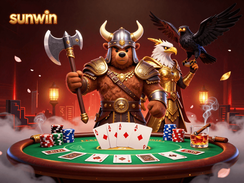 Sunwin showcases an epic poker scene featuring Viking bear, Valkyrie eagle, and glowing elements.