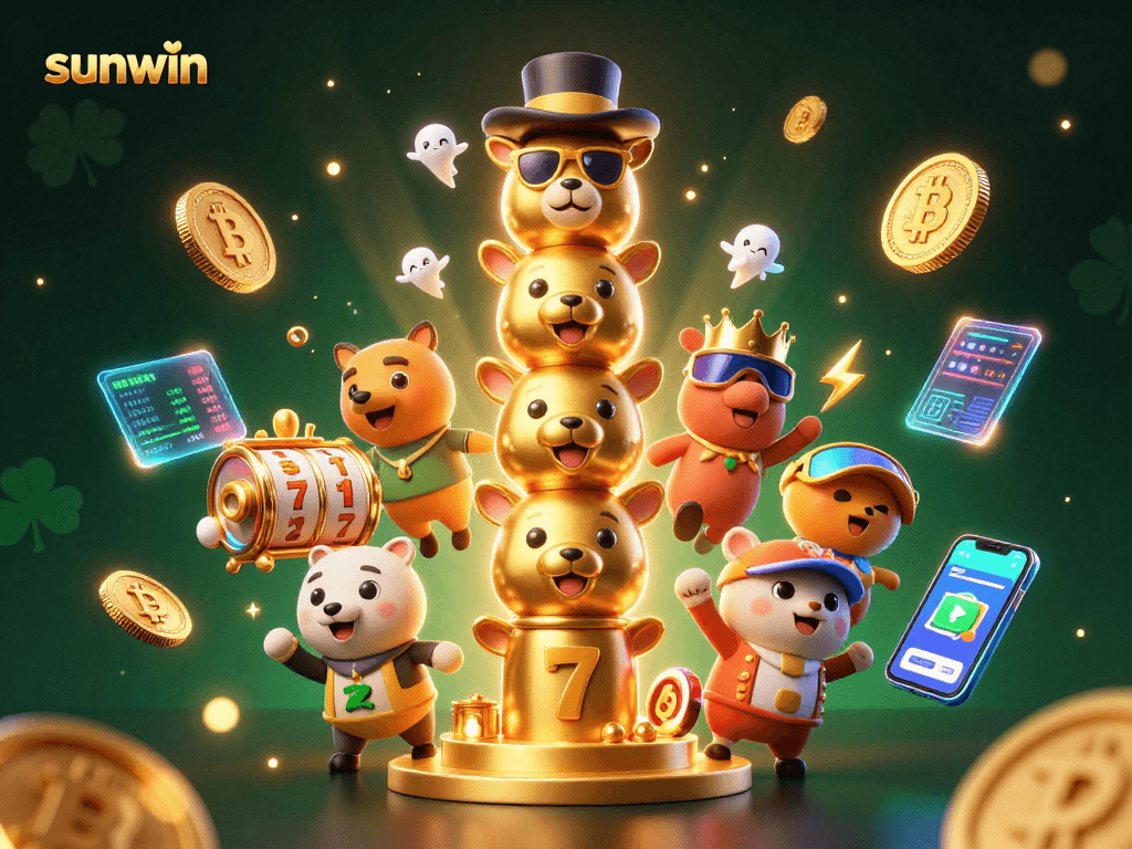 Experience the vibrant sunwin slots scene featuring golden totem pole, crypto coins, and jackpot reels.