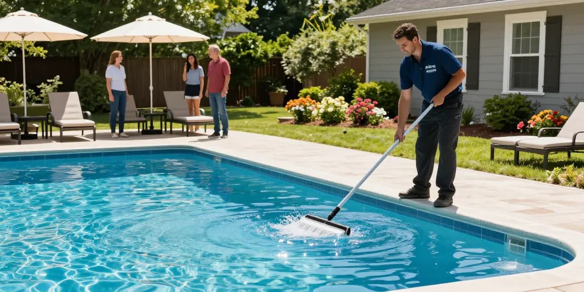 Dolphin Pool Services technician cleaning a pool in a beautiful Virginia backyard.