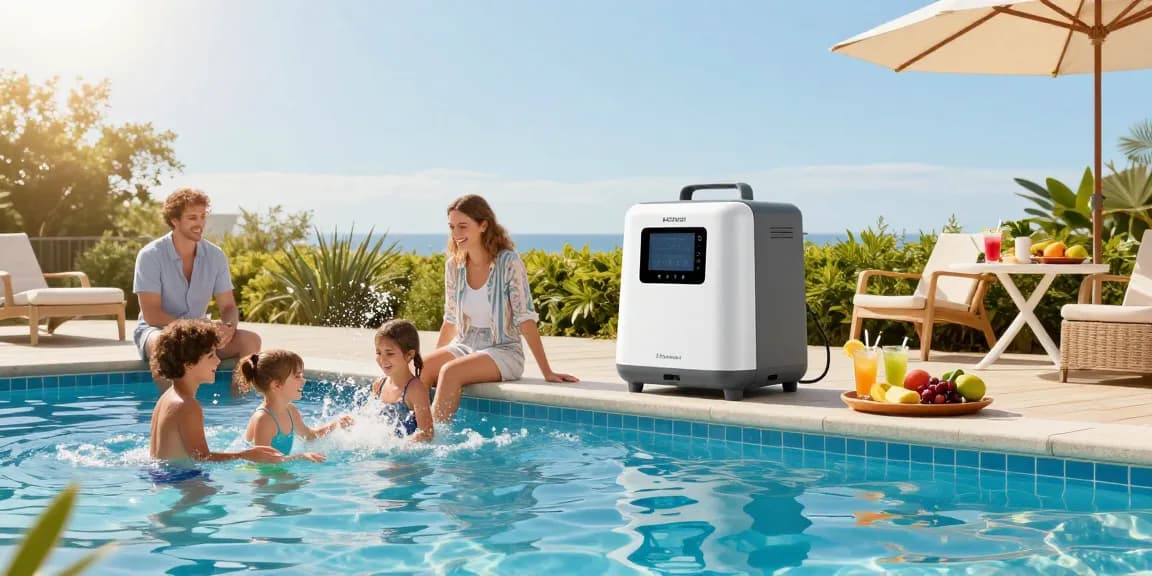 Family enjoying a summer pool day, featuring K-Chlor saltwater chlorinator and vibrant scene, showcasing Replacement Cells in Australia in context.