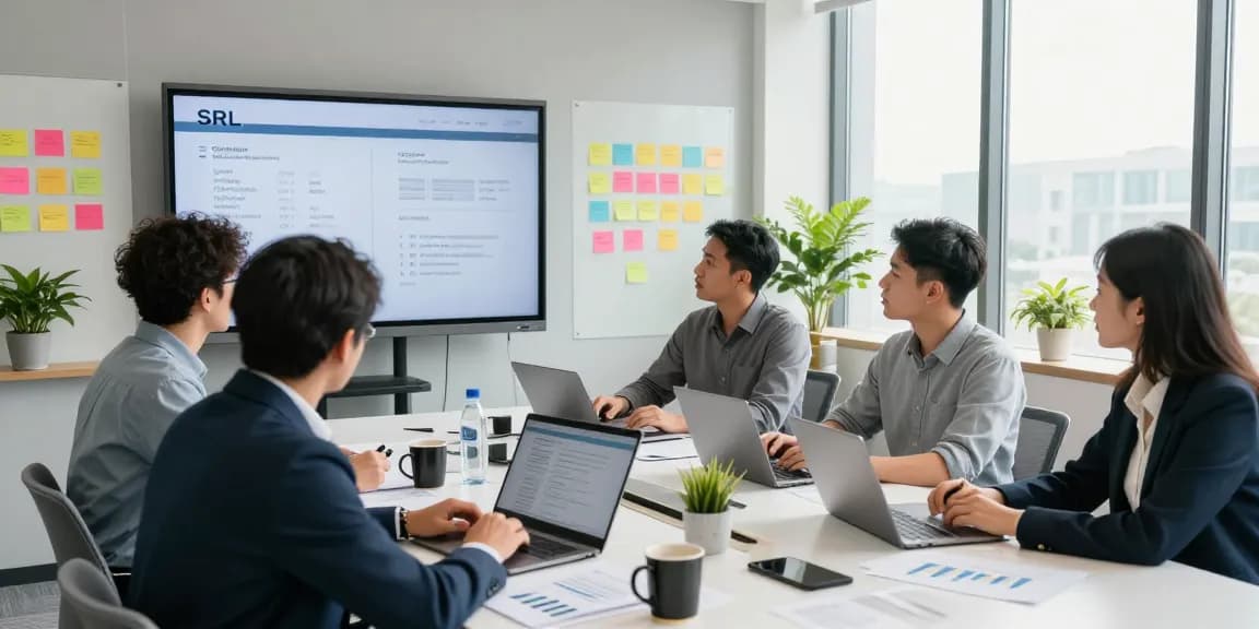 Înființare SRL: echipă în discuție productivă la birou cu planuri de afaceri.