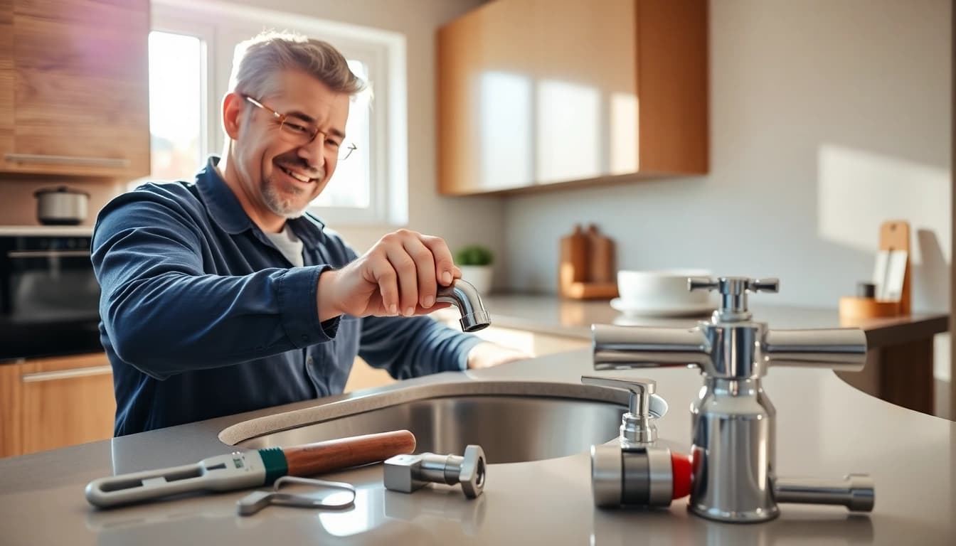 Skilled plumber performing repairs on a kitchen faucet as part of services for Plumber near me.