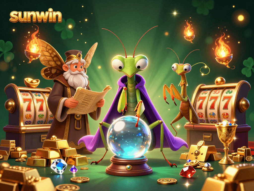 Experience the magic of sunwin casino with a vibrant 3D illustration showcasing a mystical fortune teller and shimmering treasures.