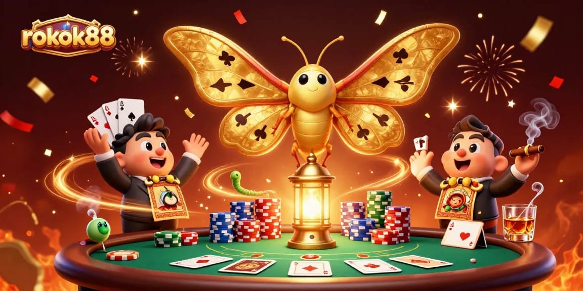 Experience the excitement of rokok88 with vibrant casino elements and a detailed moth illustration.