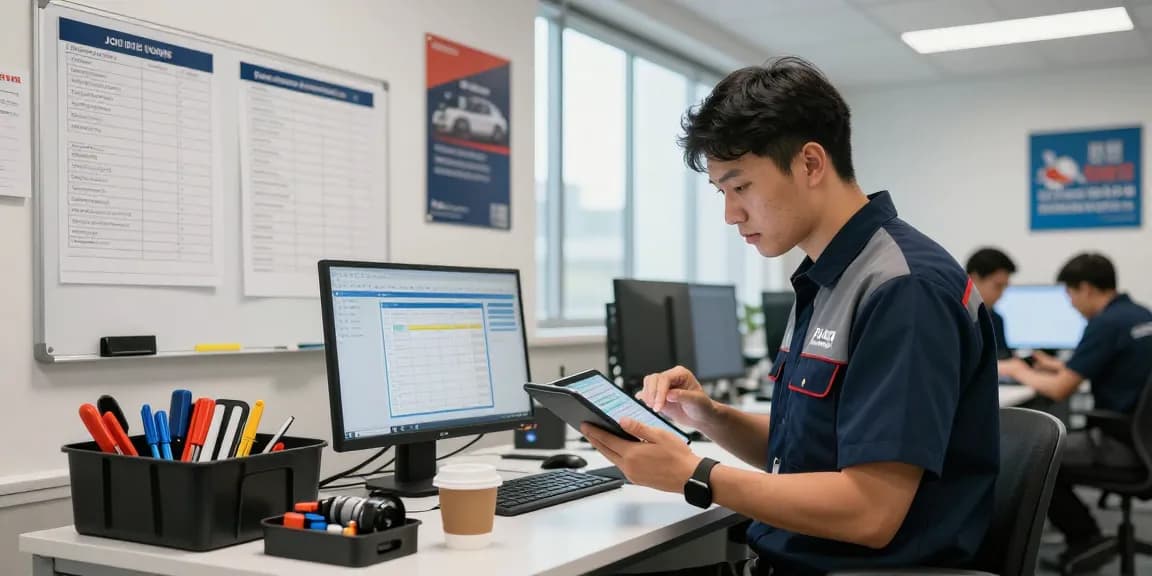 Field service technician using software to manage technicians and jobs in a collaborative office environment.