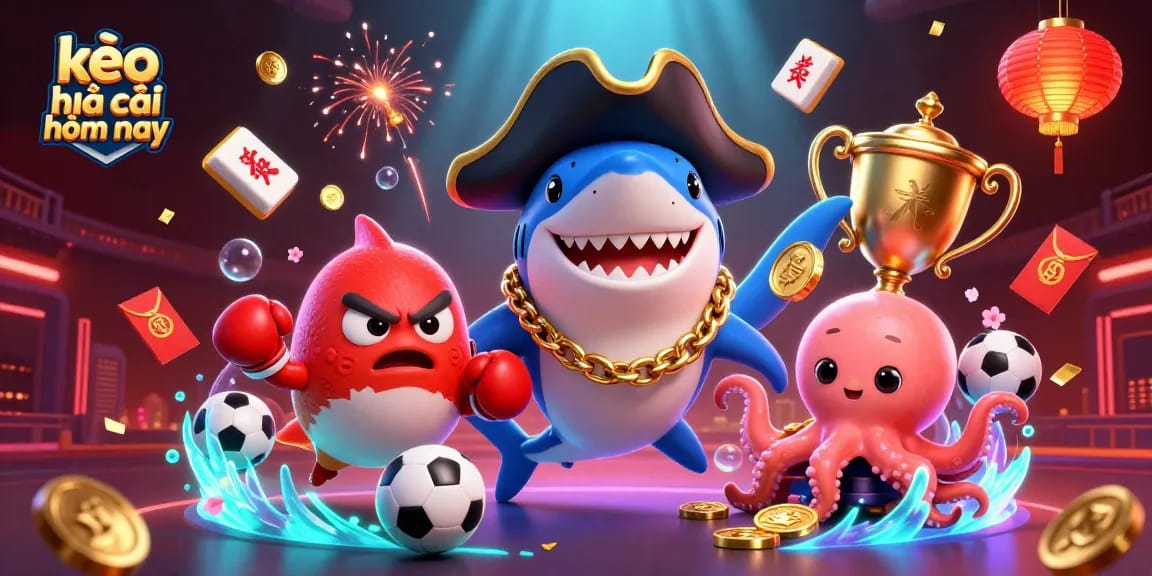 Catching winning bets with kèo nhà cái hôm nay featuring a shark, pufferfish, and octopus under vibrant festive elements.