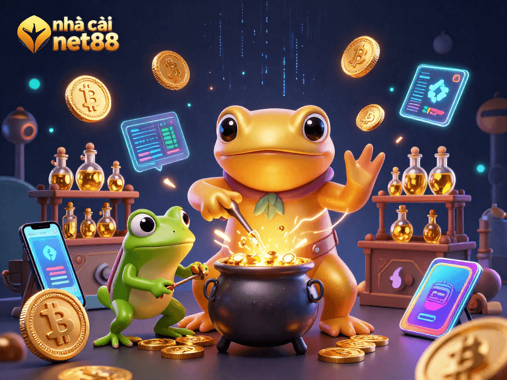 The vibrant scene showcases nhà cái net88 with a golden salamander alchemist and crypto elements, symbolizing wealth.