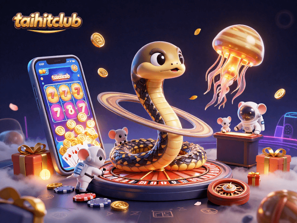 Engage with the taihitclub universe through vibrant casino-themed 3D illustration featuring cosmic characters.
