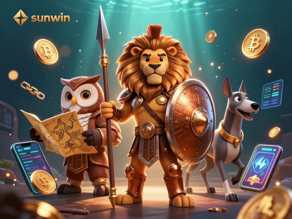 Win big with sunwin in a vibrant 3D casino scene featuring strategic characters and glowing crypto elements.