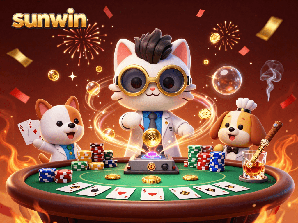 Engage with sunwin’s thrilling poker scene featuring a mad scientist cat and dog creating wealth.