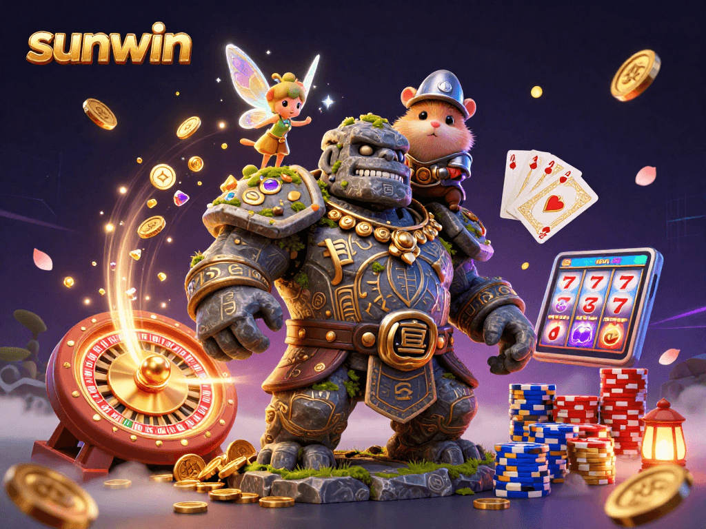 Spin to win with sunwin as the ancient golem, fairy, and knight collect casino treasures.