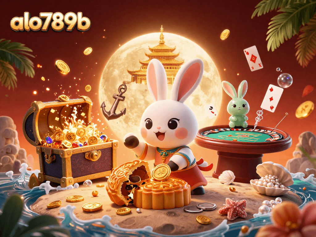 Engage in thrilling games at alo789b, featuring a moon rabbit and poker chips amidst a casino scene.