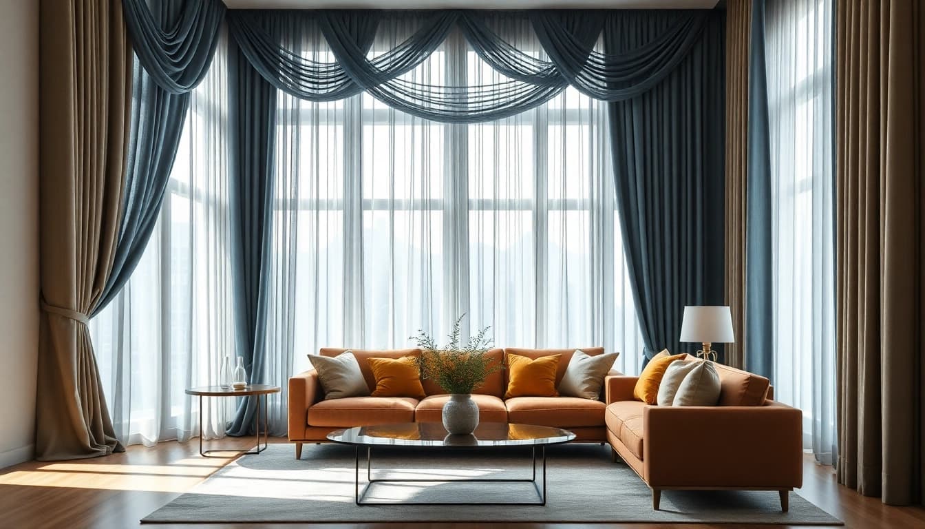 Dikke gordijnstof die elegant de ramen in de woonkamer siert met een luxe uitstraling.