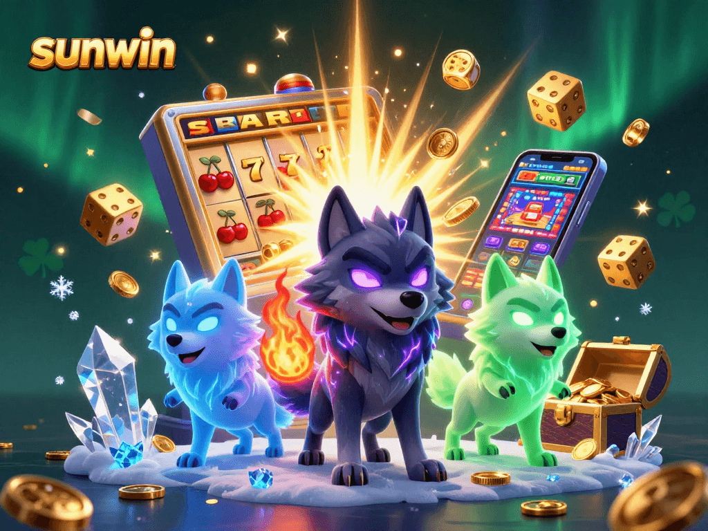 Experience excitement with sunwin's ghostly wolf characters surrounded by jackpot symbols and a vibrant casino atmosphere.