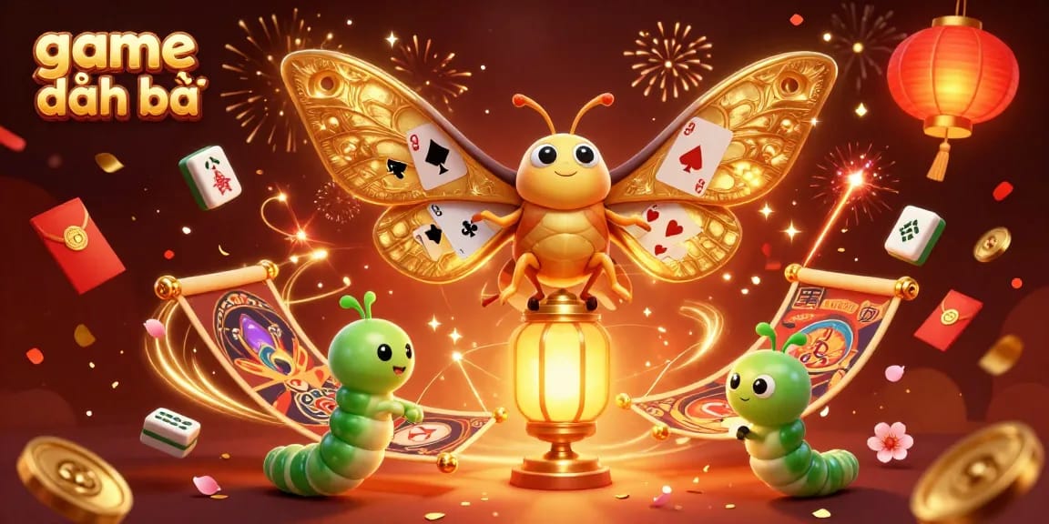 Engage in game đánh bài with an illustrated scene of a cartoon moth and festive elements from a casino.