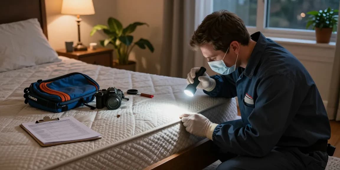 Professional bed bug control inspection in Milwaukee bedroom with technician checking for infestations.