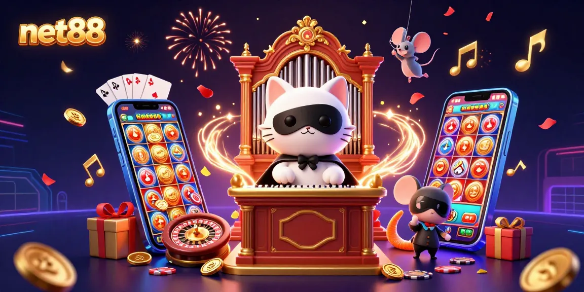 Spin to win with net88’s vibrant 3D casino illustration showcasing slot games and golden rewards.