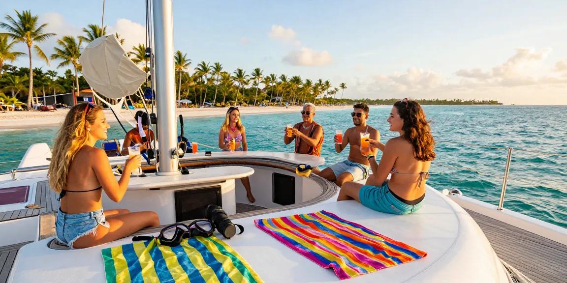 Experience luxury yacht rental Punta Cana with friends celebrating on a sunlit catamaran, drinks in hand amidst tropical scenery