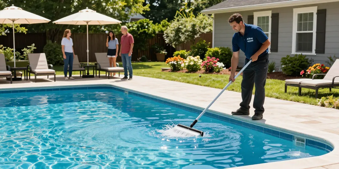 Dolphin Pool Services technician cleaning a pool in a beautiful Virginia backyard.