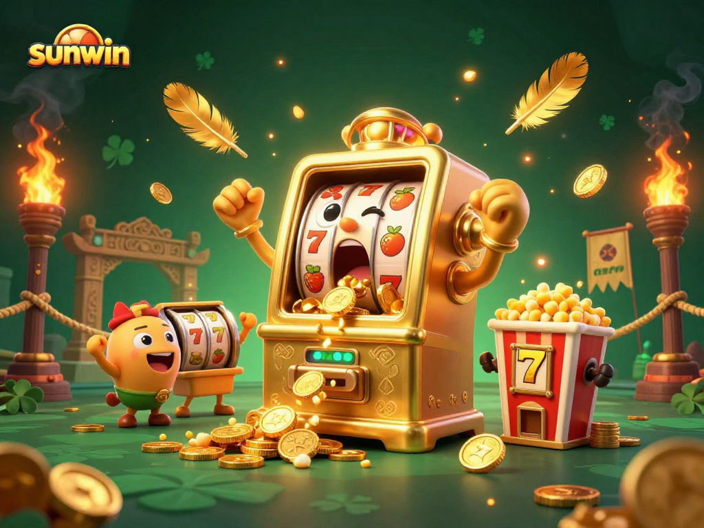 Sunwin showcases a golden slot machine hitting a jackpot, surrounded by cheers and golden excitement.