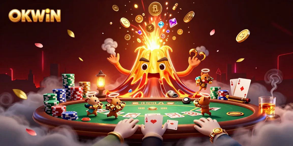 Experience the thrill of OKWIN with treasure-seeking explorer animals amidst a golden volcanic eruption.