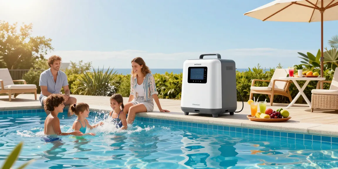 Family enjoying a summer pool day, featuring K-Chlor saltwater chlorinator and vibrant scene, showcasing Replacement Cells in Australia in context.