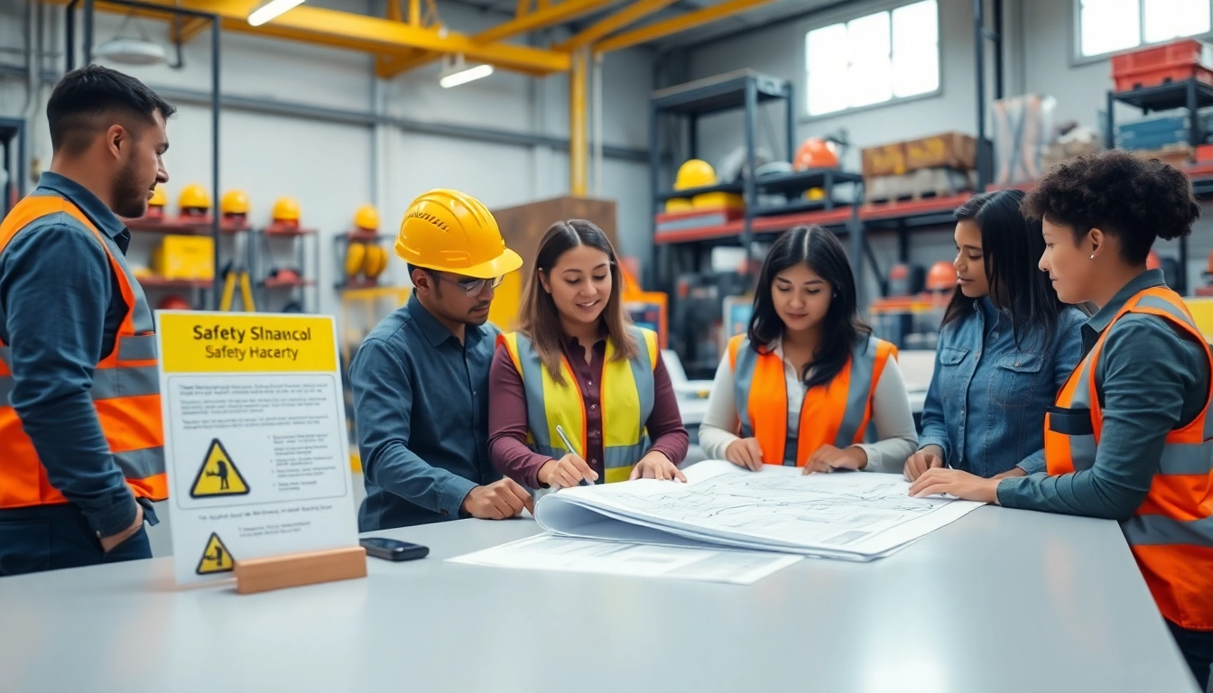 Employees actively discussing safety measures for physical hazards in a professional workspace.
