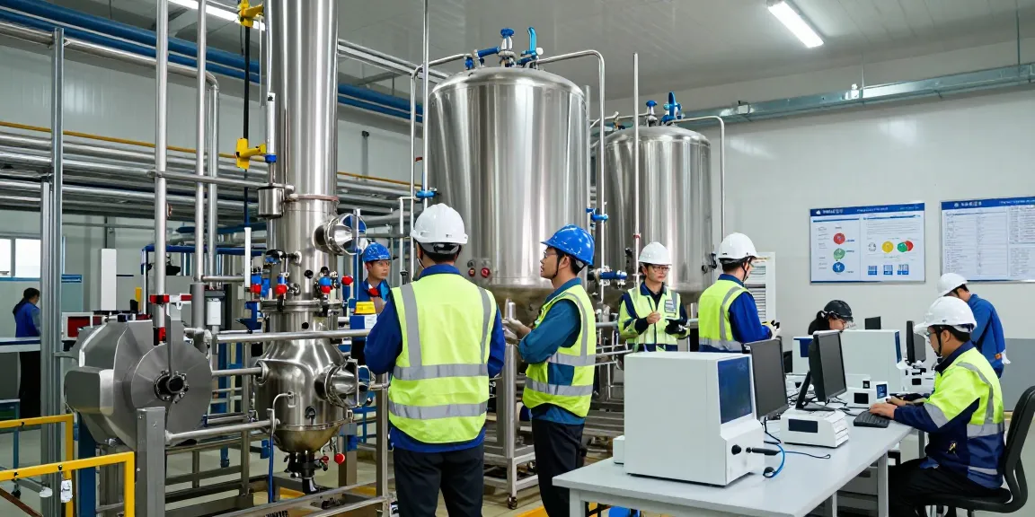 Chemical manufacturers with shipping teamwork in modern facility, engineers collaborating amid industrial equipment.