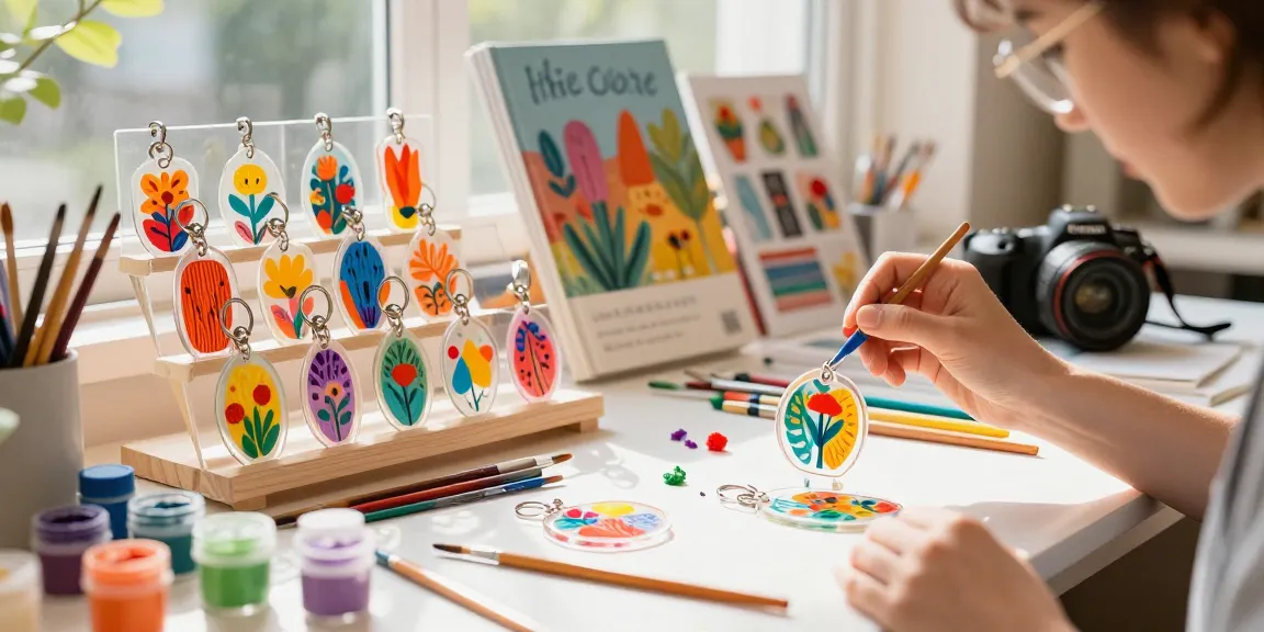 Colorful acrylic keychain being hand-painted in a vibrant arts and crafts studio.