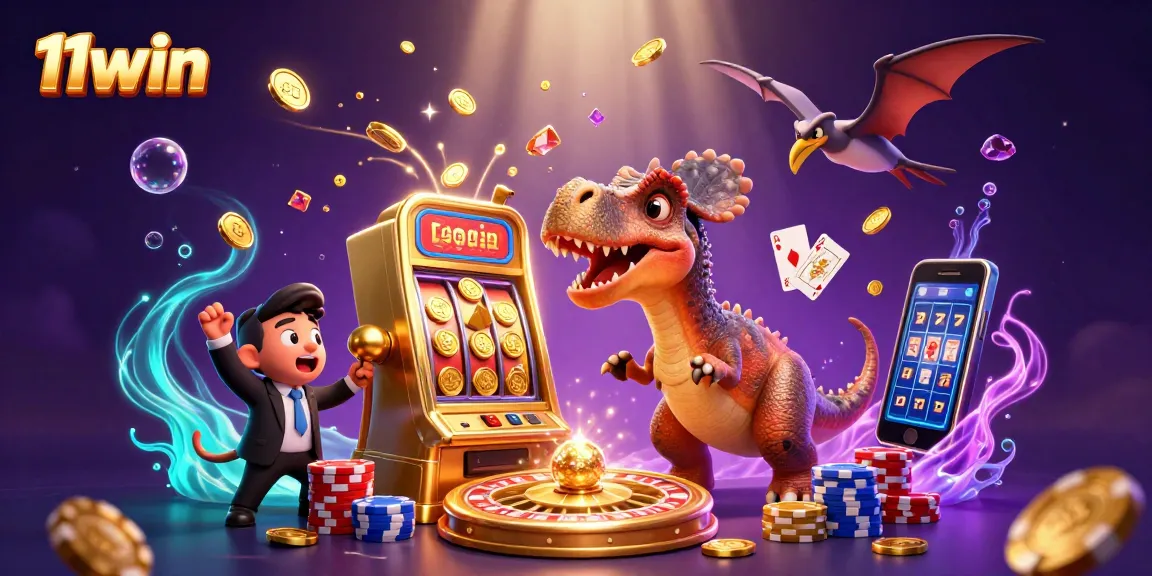 11win casino fun scene with characters celebrating a slot jackpot and coins flying