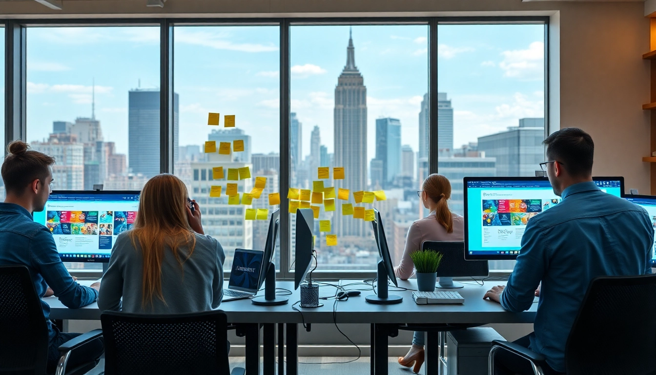 Modern office collaboration on Website design NYC with diverse team and skyline view.