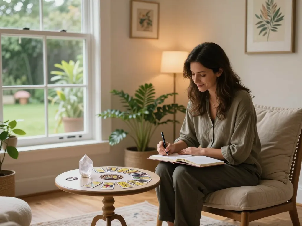 Woman exploring why do I attract emotionally unavailable partners in a serene therapy space, surrounded by tarot cards and a journal.