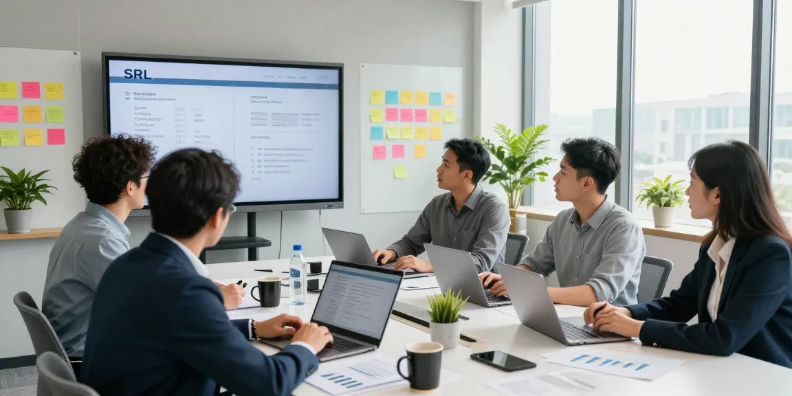 Înființare SRL: echipă în discuție productivă la birou cu planuri de afaceri.
