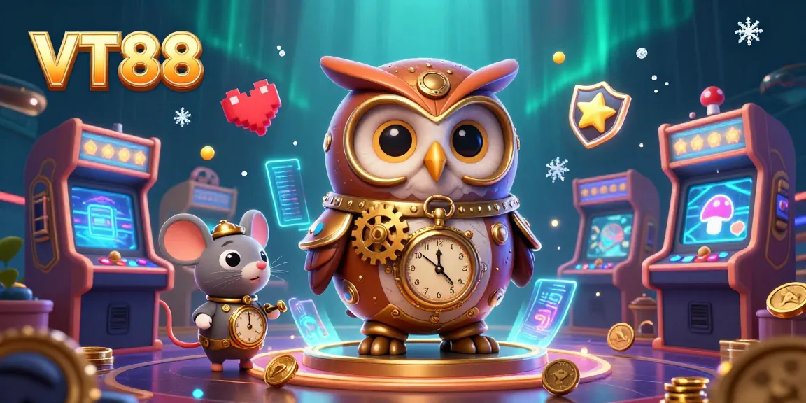 Engage with VT88 in this vibrant casino-themed illustration, featuring a whimsical time-traveler owl.