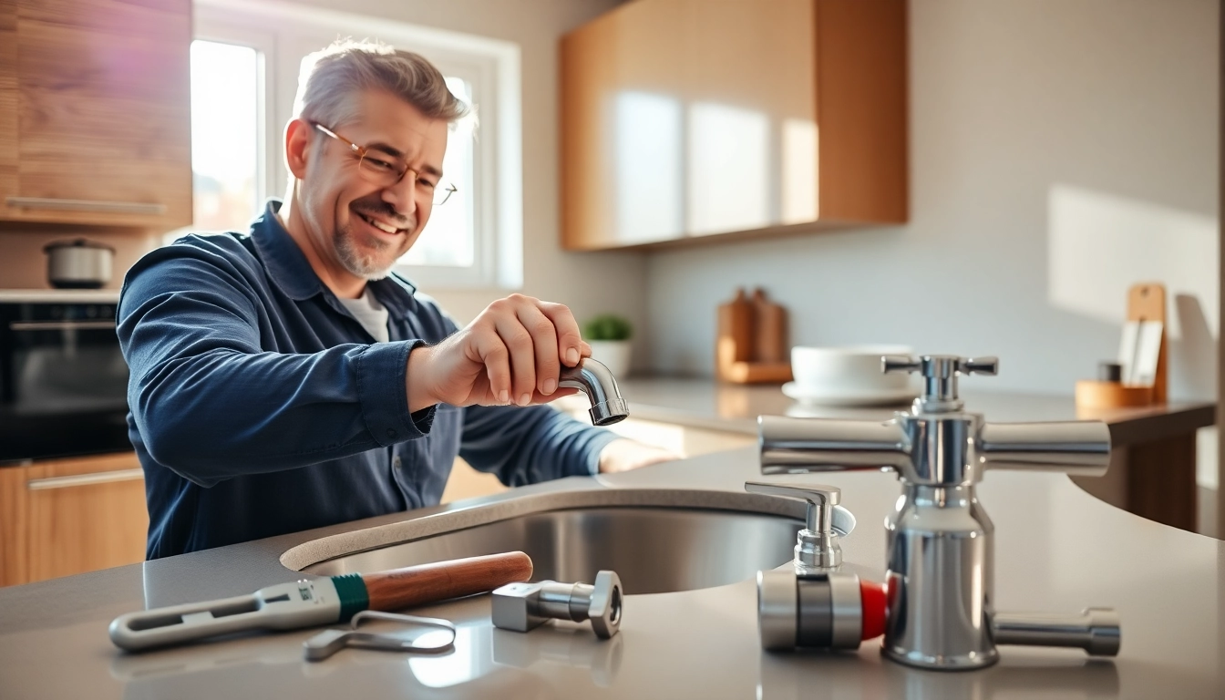 Skilled plumber performing repairs on a kitchen faucet as part of services for Plumber near me.