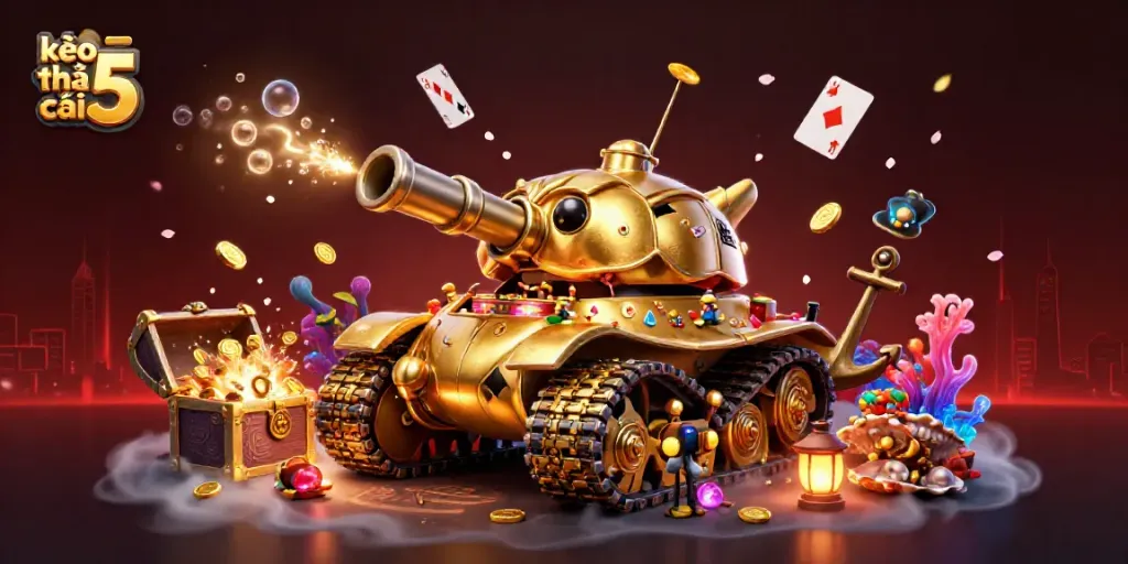 Kèo nhà cái 5 showcases a vibrant, dynamic casino scene with a golden beetle tank surrounded by riches and gaming elements.