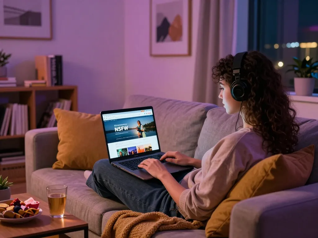Cozy living room scene with person browsing NSFW content on a laptop